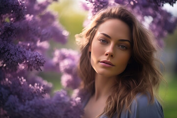 Mesmerizing Woman Amidst Lilac Blossoms. Generative AI