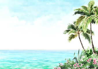 Seascape.Tropical palm beach, Sea, sand and blue sky,  summer vacation concept and background. Hand drawn watercolor illustration