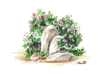 Stone and southern oleander  shrub with pink and white flowers. An element of tropical nature. Hand drawn watercolor illustration isolated on white background