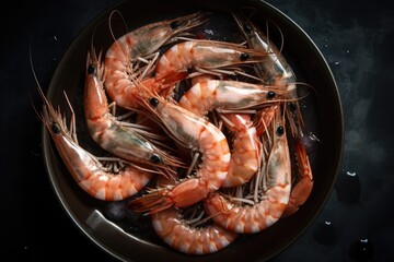 Fresh raw shrimp, langoustines in a plate close-up, top view.