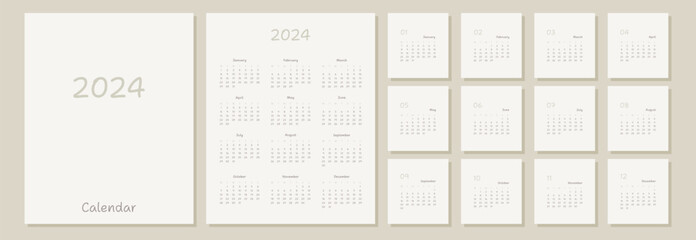 2024 calendar planner template. Monthly minimalistic calendar with 12 pages. Calendar in pastel colors