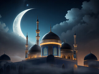 Beautiful mosque at night for decoration of ramadan, eid al fitr, eid al adha, muharram