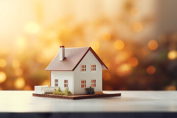 Miniature house model on table. Real estate, investment, property insurance, mortgage, home loan, and savings concept. Buying or building new home. Dream house, financial planning. AI generated