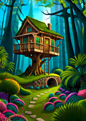 Fairytale treehouse in the forest - obrazy, fototapety, plakaty