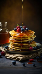 Concept stack of pancakes with berries and maple syrup, with splashes and drops.Generative AI