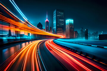Night city with colourful car lights trails