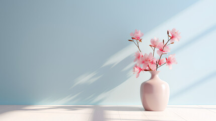 Vase of Flowers Behind Beige Wall, Vase of Flowers in the Sunlight Behind a Beige Wall, Generative AI