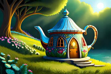 Cartoon fairytale teapot house - obrazy, fototapety, plakaty