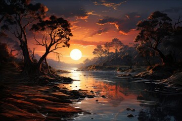 Fototapeta na wymiar A sunset painting with a lake, trees, pink sky, and setting sun. (Generative AI)