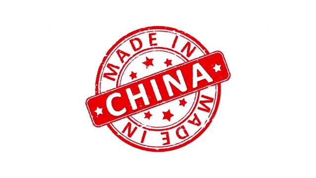 3 different Made In CHINA rubber stamp animated video over white background. Green screen versions are available for chroma key compositing. 4k resolution, business, cargo, shipment, trade concepts.