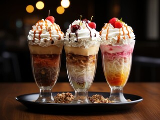 Three sweet milkshakes with nuts, caramel, strawberry and whipped cream at a wooden board on table background