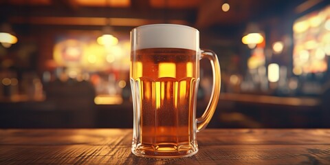 AI Generated. AI Generative. Beer glass mug with light beer at pub bar tavern background on wooden table night life party. Graphic Art