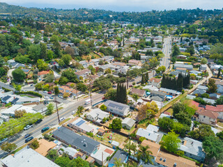 Aerial views of the Eagle Rock neighborhood in Los Angeles, California. High angle pictures taken...