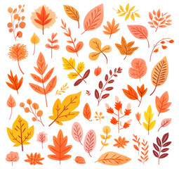 Set of colorful leaves in autumn hues isolated on white background, illustration in cartoon style