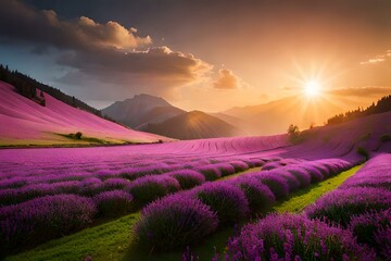 Fototapeta na wymiar lavender field at sunset Generator by using AI Technology