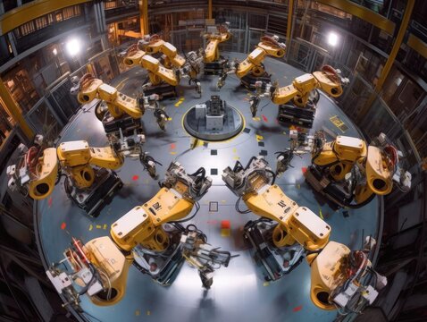 In a vast, high-tech factory, an aerial shot captures a group of robots flawlessly executing synchronized movements, their metallic forms gleaming in unison.. Generated with AI.