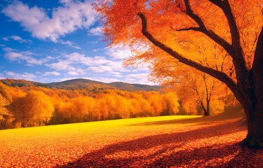 Autumnal landscape with yellow and orange leaves on trees. Nature background. Generative AI
