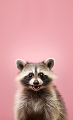 Cute racoon with happy positive smiling expression. Copy space above. Generative AI