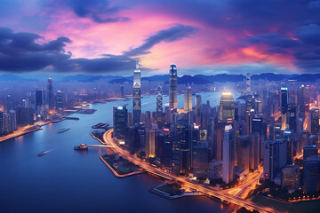 A captivating cityscape at twilight, with towering skyscrapers illuminated in a symphony of vibrant lights.