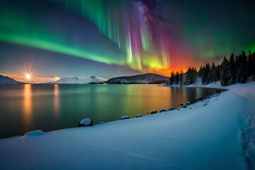 night sky covered with aurora borealis seen through binoculars -
