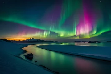 Gordijnen night sky covered with aurora borealis seen through binoculars - © DESIGN