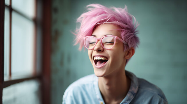 Person with pink glasses and pink hair laughing. Created using ai generative. 