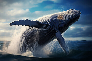 Beautiful blue whale in the sea. Generative AI