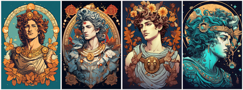 Ancient Greek mythological god apollo set. Impressive, colorful and contemporary. Created with Generative AI technology.	
