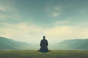 Surreal states of mind and meditation concept. Man silhouette sitting and meditating in surreal landscape with copy space. Minimalist geometric shapes and forms in background. Generative AI - obrazy, fototapety, plakaty