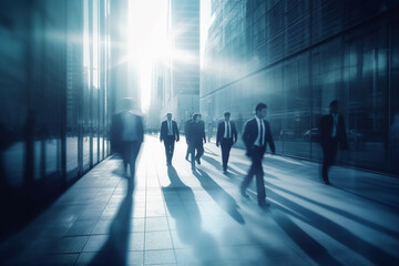 Business concept. Business people walking in corporate office. Motion blur image with copy space. Generative AI