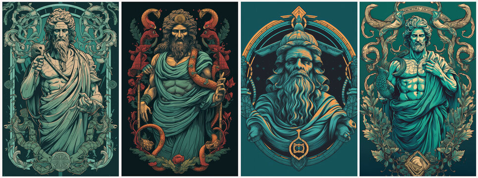 Ancient Greek mythological god asclepius set. Impressive, colorful and contemporary. Built with Generative AI technology.
