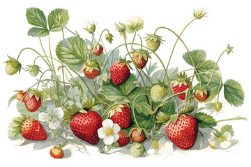strawberry plant in flower, Montana variety, growing in a green plastic growing bag Strawberries varieties botanical illustration 