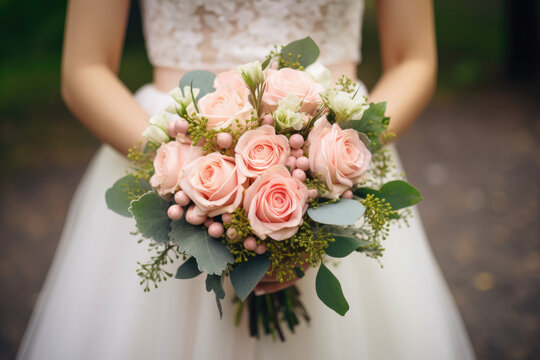 Bride holding a beautiful Bridal Bouquet, Wedding Flowers, White Wedding Dress - Generative Ai
