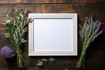mockup frame, A vintage wooden frame graces an aged table, its charm enhanced by a neighboring bouquet of aromatic green herbs. Generative AI