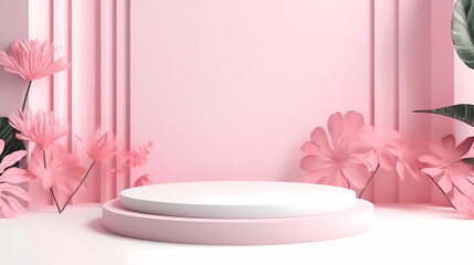Obraz na płótnie Canvas 3d stage backdrop product featured scene of pink podium with leaf platform and light from window, luxury style, 3d realistic. stand to show cosmetic product