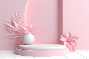 3d stage backdrop product featured scene of pink podium with leaf platform and light from window, luxury style, 3d realistic