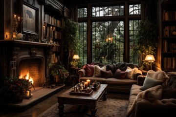 Fototapeta na wymiar A snug living room space featuring plush seating arrangements, a crackling fireplace, and shelves stocked with assorted books and decor. Generative AI