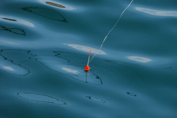 Fishing rod float in blue sea water