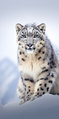 A majestic snow leopard perched on a snowy hilltop