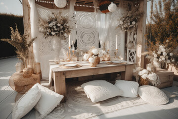 Bohemian Wedding Decoration in White and Beige, Celebrate Outside - Generative Ai 