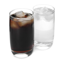 Glasses of different refreshing soda water with ice cubes on white background