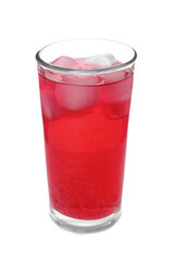 Glass of red soda water with ice cubes isolated on white