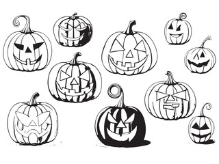 Pumpkin face sketch. Drawing halloween pumpkins scary or happy faces, engraving jack lantern for fall decoration art book creepy ghost doodle gourd, vector illustration of sketch pumpkin halloween