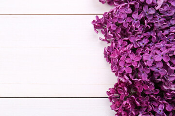 Beautiful lilac flowers on white wooden background, top view with space for text