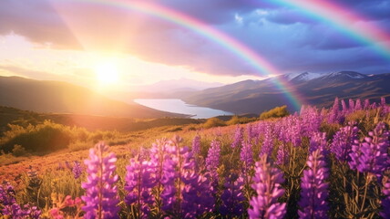 wild field rainbow on sunset sky across a stunning vista lake landscape,mountains wildflowers sun flares