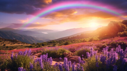Naklejka na ściany i meble wild field rainbow on sunset sky across a stunning vista lake landscape,mountains wildflowers sun flares