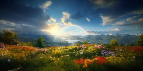 Obraz premium wild field rainbow on sunset sky across a stunning vista lake landscape,mountains wildflowers sun flares