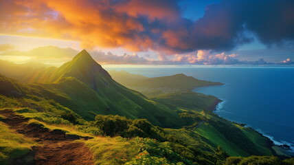 wild field rainbow on sunset sky across a stunning vista lake landscape,mountains wildflowers sun flares beautiful nature landscape 