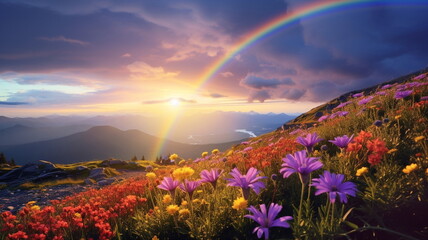 Obraz premium wild field rainbow on sunset sky across a stunning vista lake landscape,mountains wildflowers sun flares beautiful nature landscape 