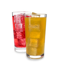 Glasses of different refreshing soda water with ice cubes isolated on white